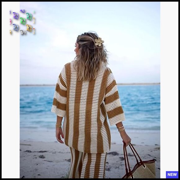 Crochet Button Up Set Wide Leg Pants Boho Chic Vacation Lounge Wear - Picture 5 of 7